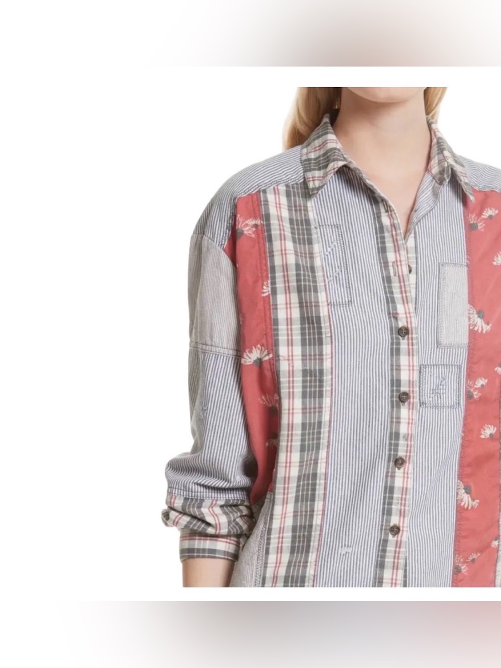 Free People All Patched Up Button Down Shirt Patchwork Plaid Floral Oversized M - Picture 2 of 15